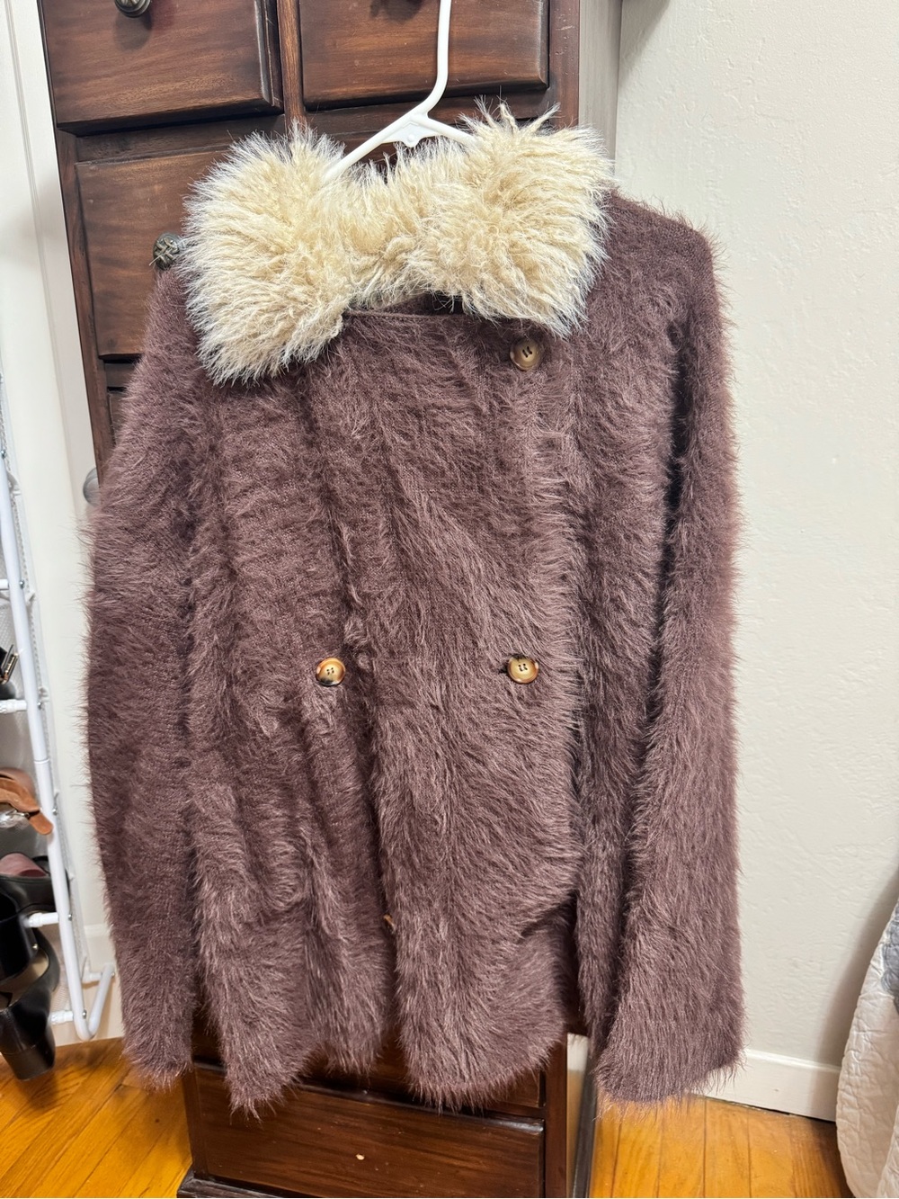 Free People Brown Fuzzy Teddy Jacket with Cream Faux-Fur Collar